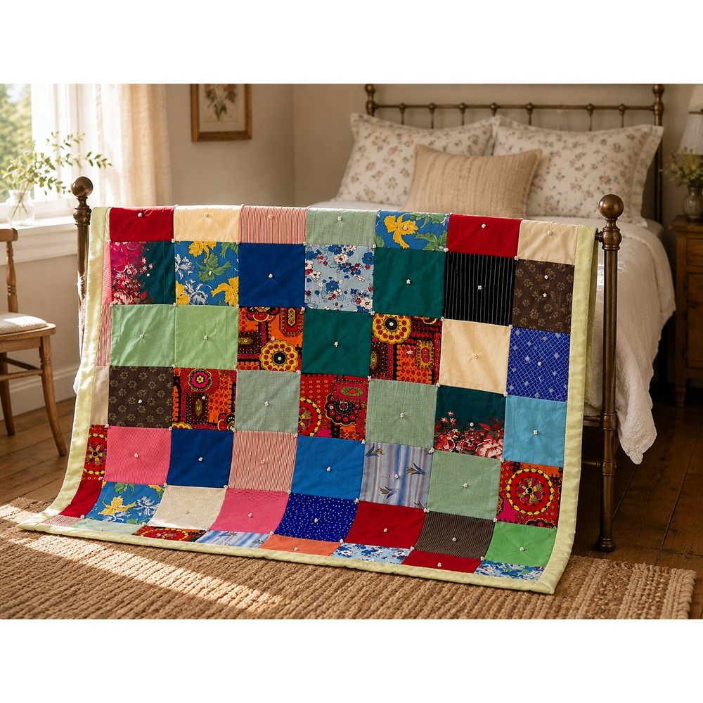 Vintage Twin‎ Patchwork Quilt 84x64 Hand Tied Colorful Cottagecore Bedding